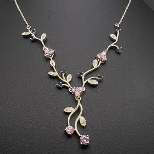 925 STERLING SILVER DAINTY ROMANTIC FLOWER NECKLACE PINK BLUE CZ’s